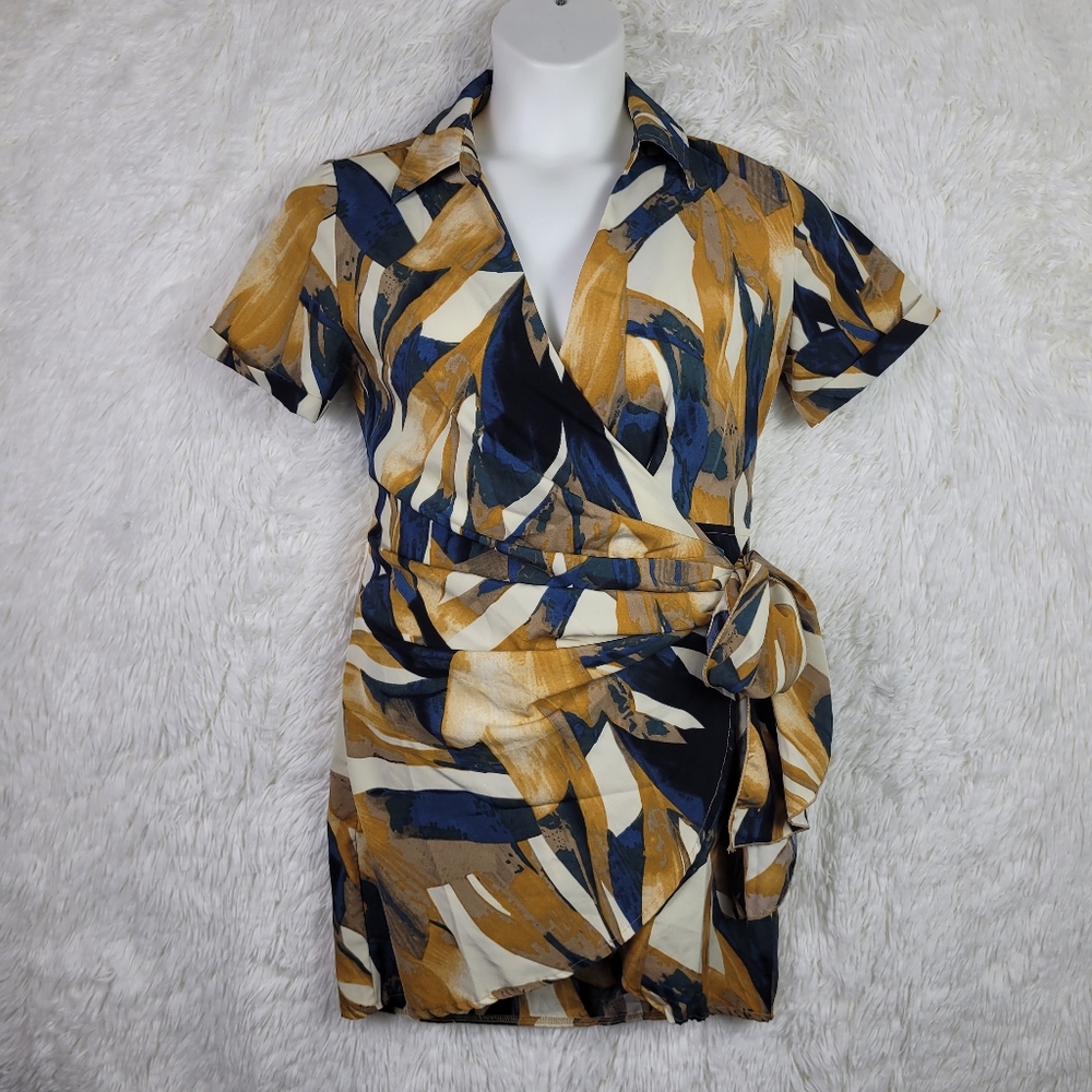 Blush & Day Faux Wrap Tie‎ Mini Shirt Dress Sz M Abstract Office Travel